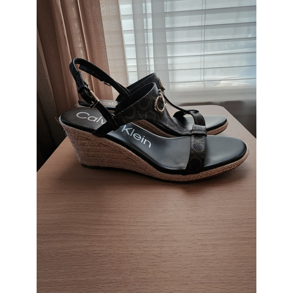 Calvin Klein Dark Brown Logo Espadrille Wedge Sing Back Sandals SZ 9.5 M - Picture 6 of 16